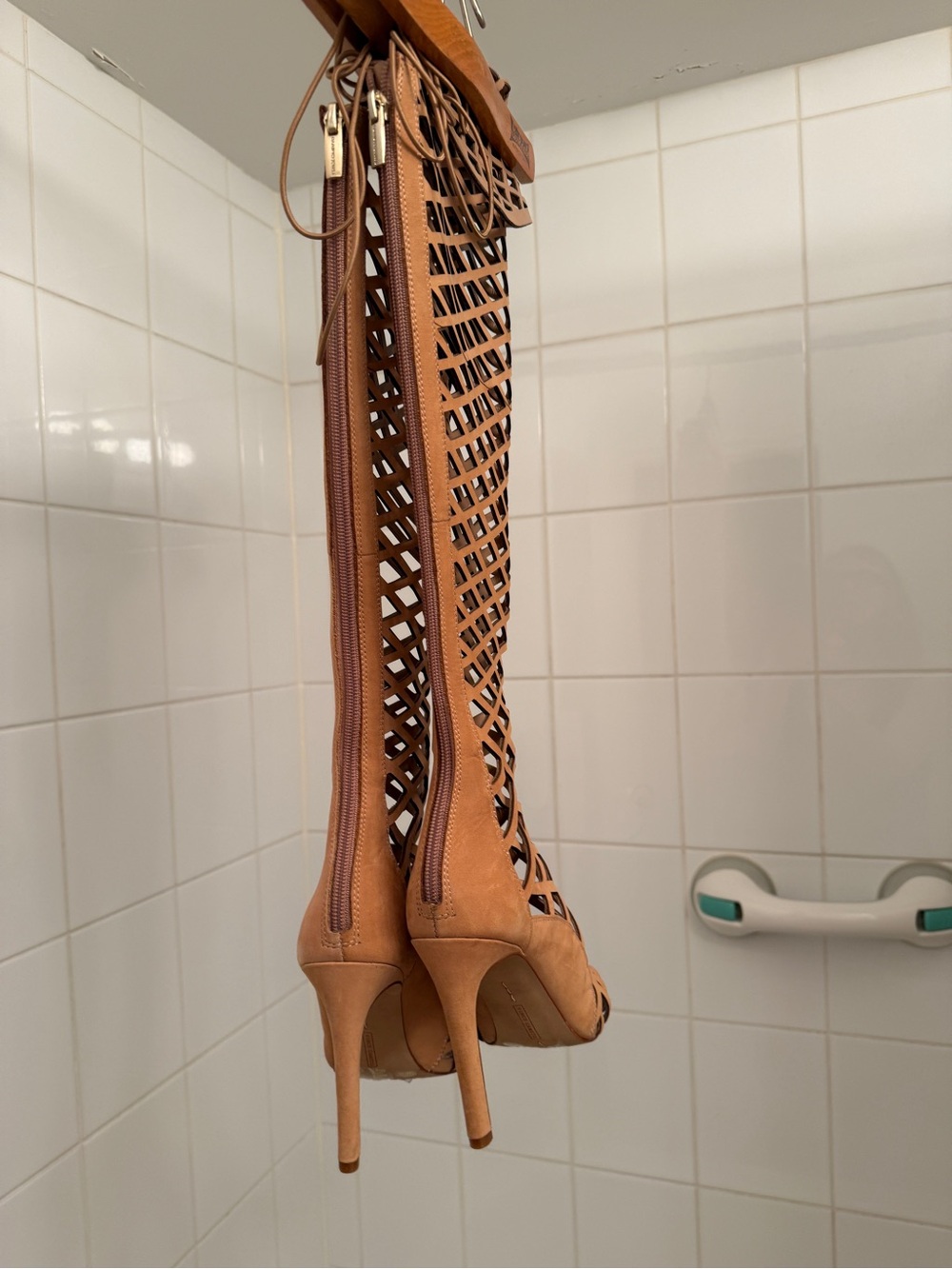 Vince Camuto Tan Lattice Over-the-Knee Stiletto Boots with 4 inch heels - Picture 3 of 11